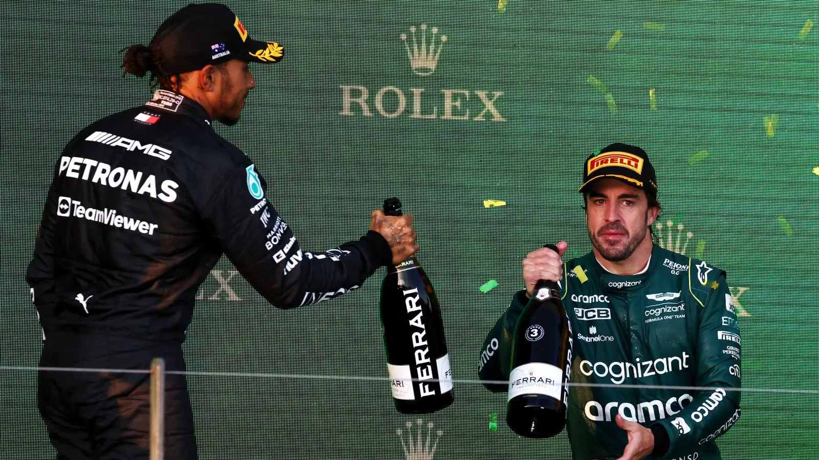 Aston Martin's Fernando Alonso on the podium at the Australian Grand Prix. Melbourne, April 2023.