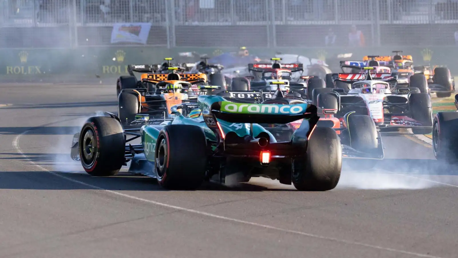 Fernando Alonso faces backwards after being spun by Ferrari driver Carlos Sainz. Australia April 2023.