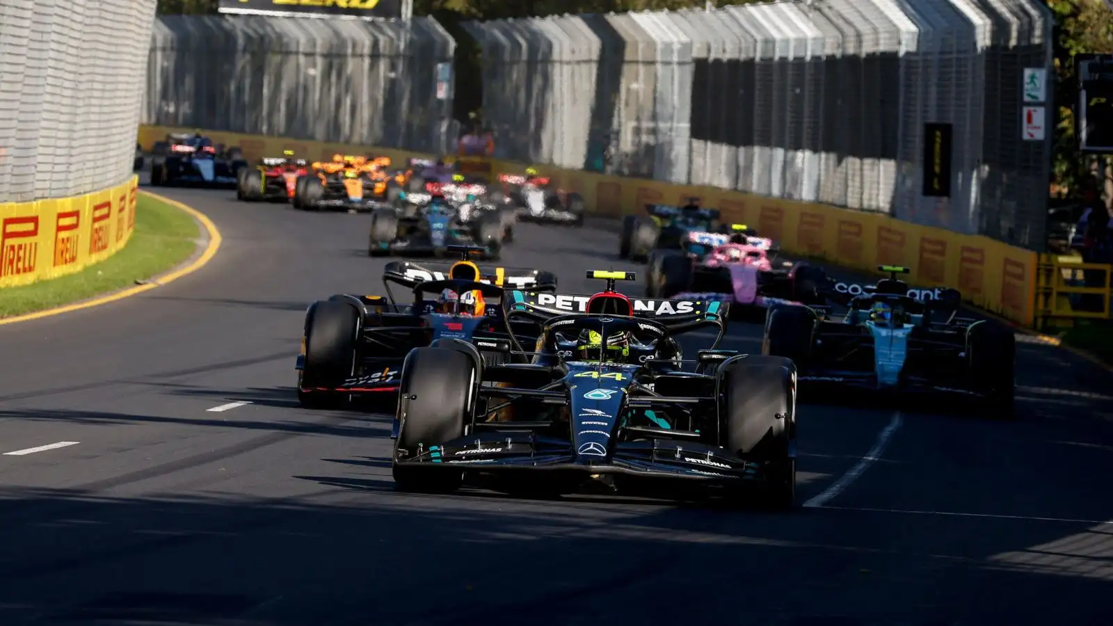 Lewis Hamilton leads the field on the way to the grid for a restart. Australia April 2023