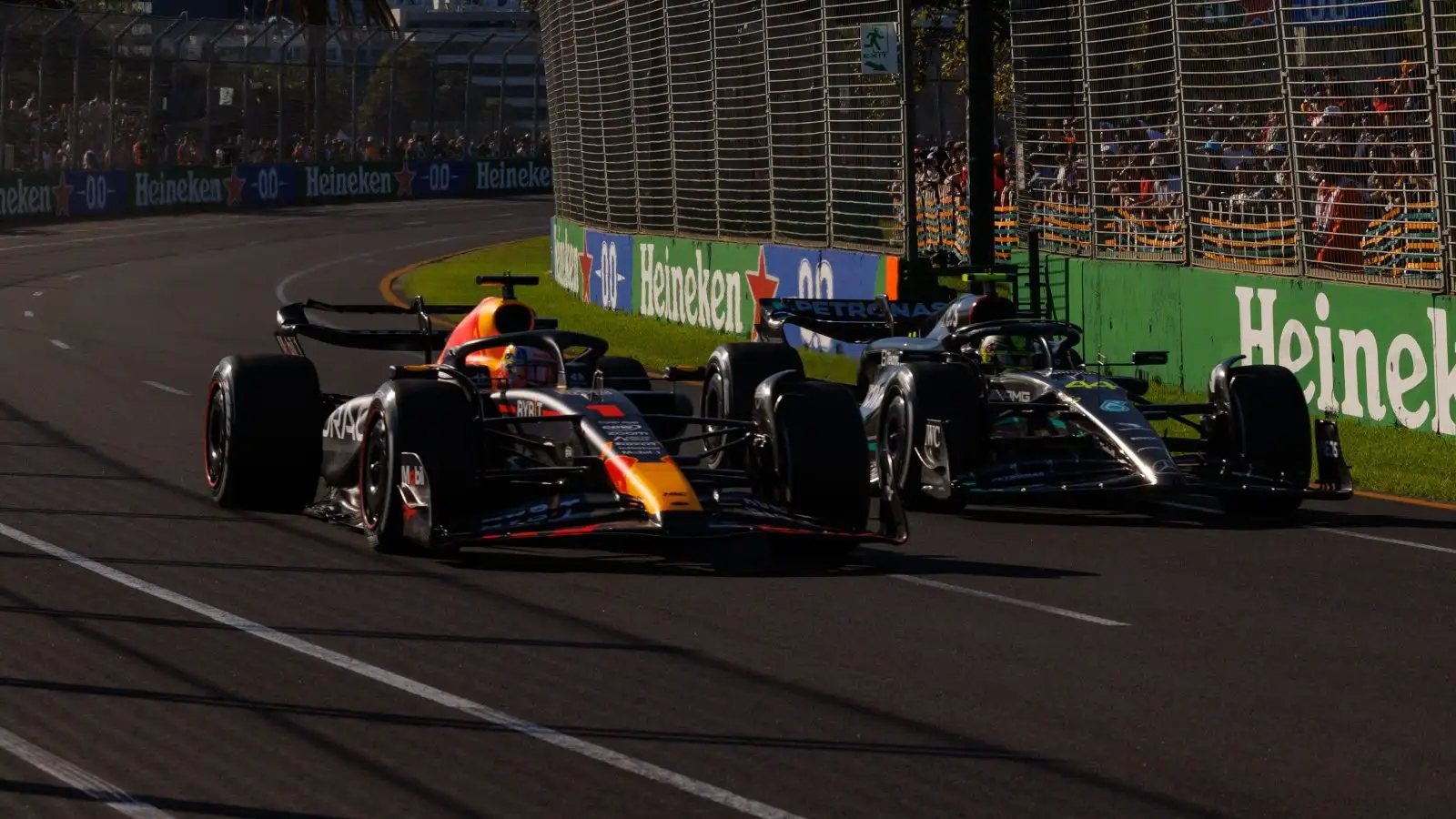 Max Verstappen uses DRS to fly past Lewis Hamilton. Australia April 2023