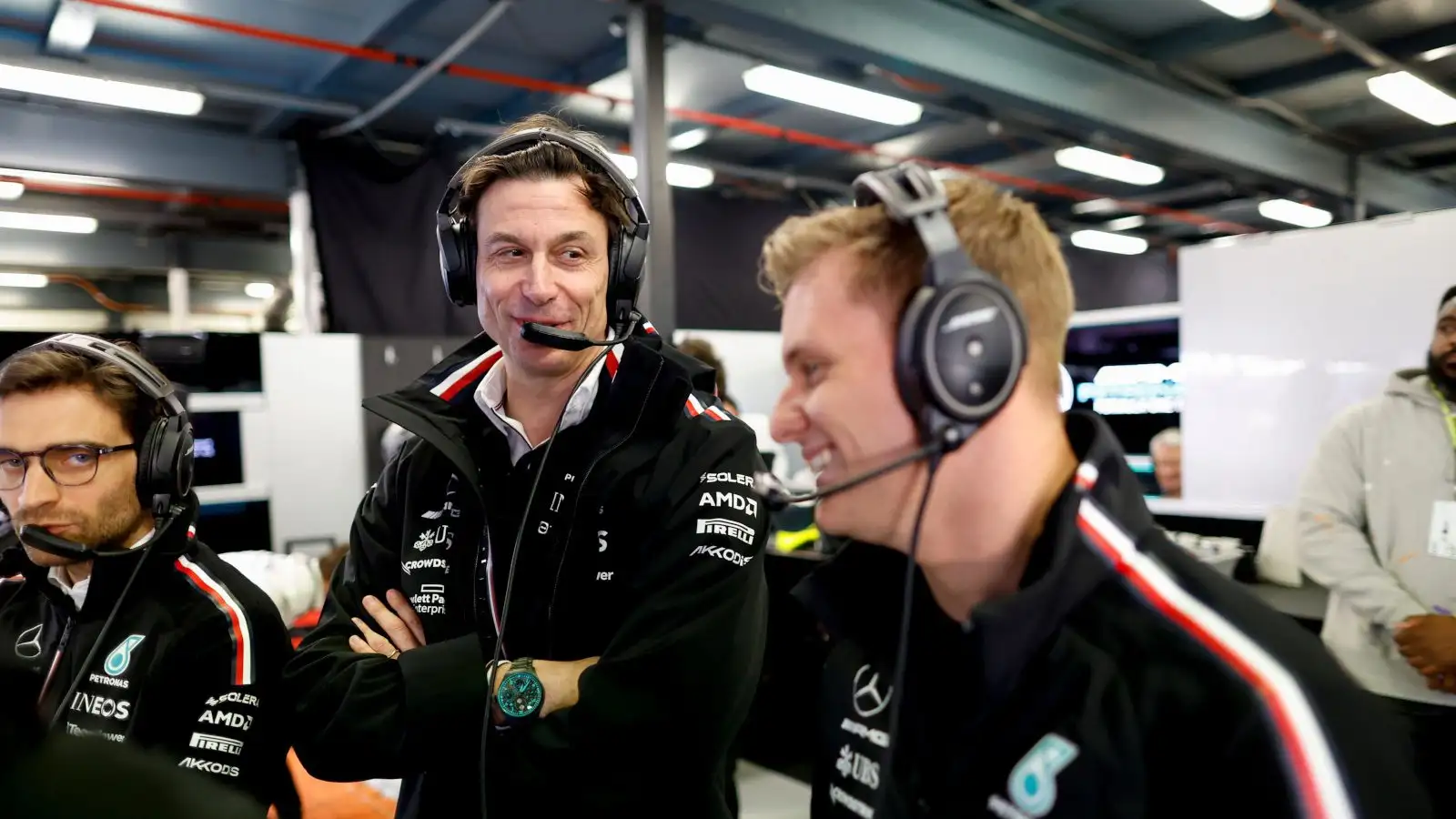 Toto Wolff laughing with Mick Schumacher in the Mercedes garage. Australia April 2023