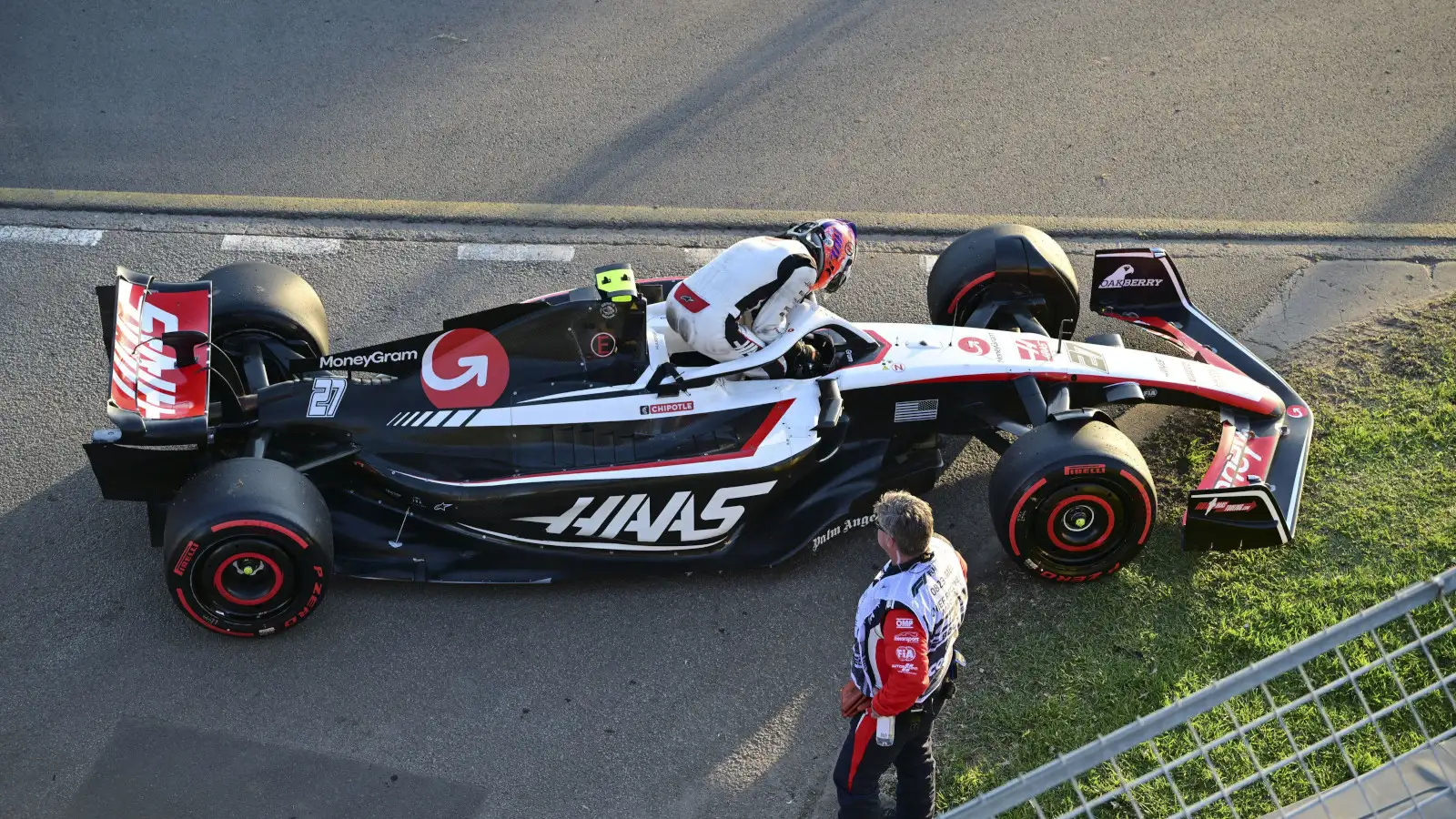 Nico Hulkenberg parks his VF-23 after breaking down after the chequered flag. Australia April 2023