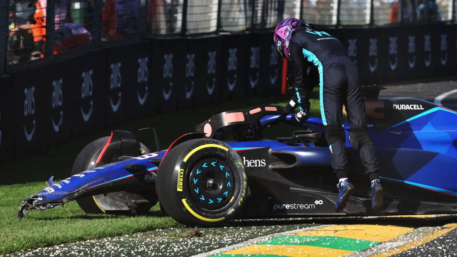 Alex Albon exiting his Williams after crashing. Australia, April 2023.