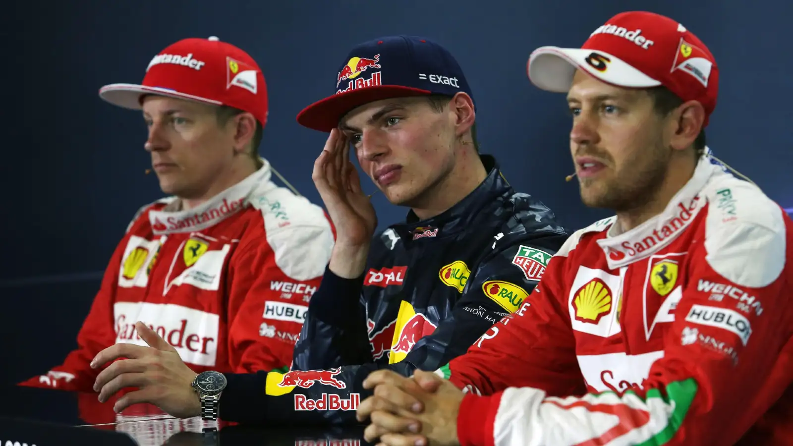 Kimi Raikkonen, Sebastian Vettel, and Max Verstappen pictured in 2016. Team radio