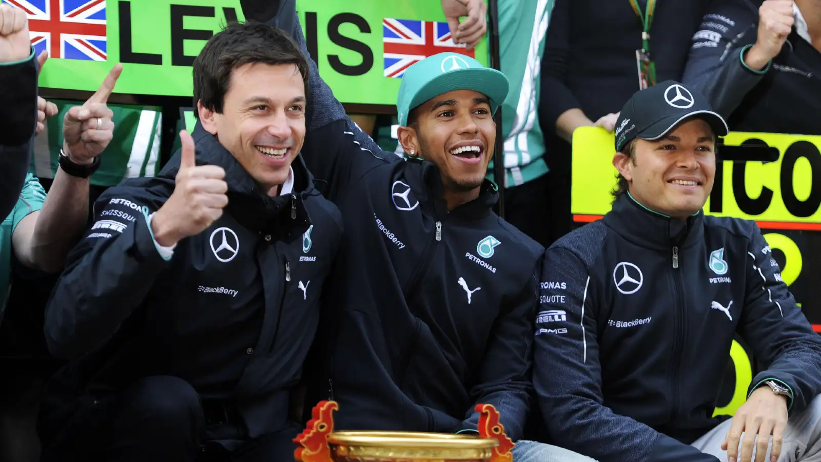 Mercedes' Toto Wolff with Nico Rosberg and Lewis Hamilton in 2014.