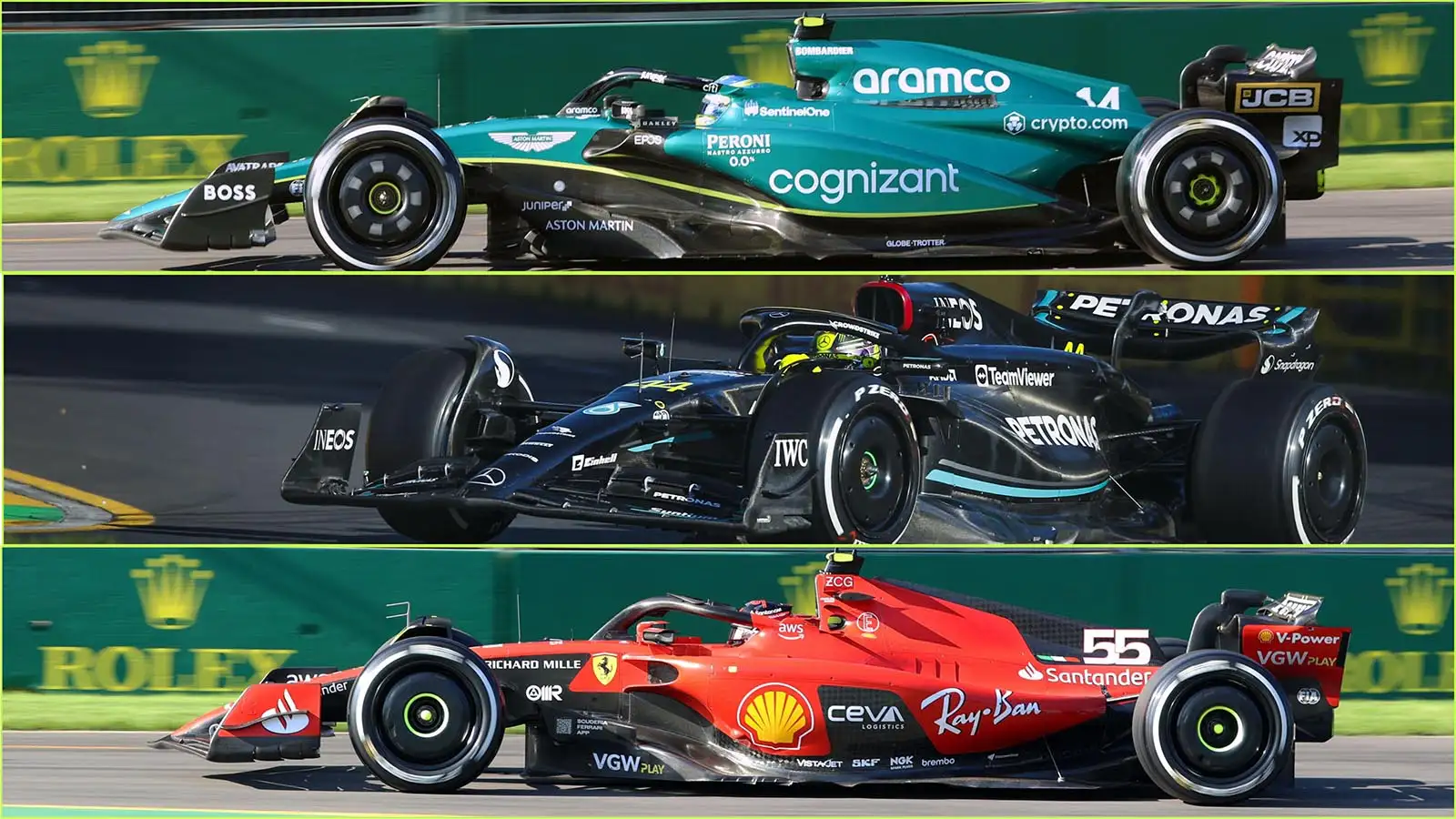 Aston Martin, Mercedes and Ferrari cars in action in Australia. March 2023