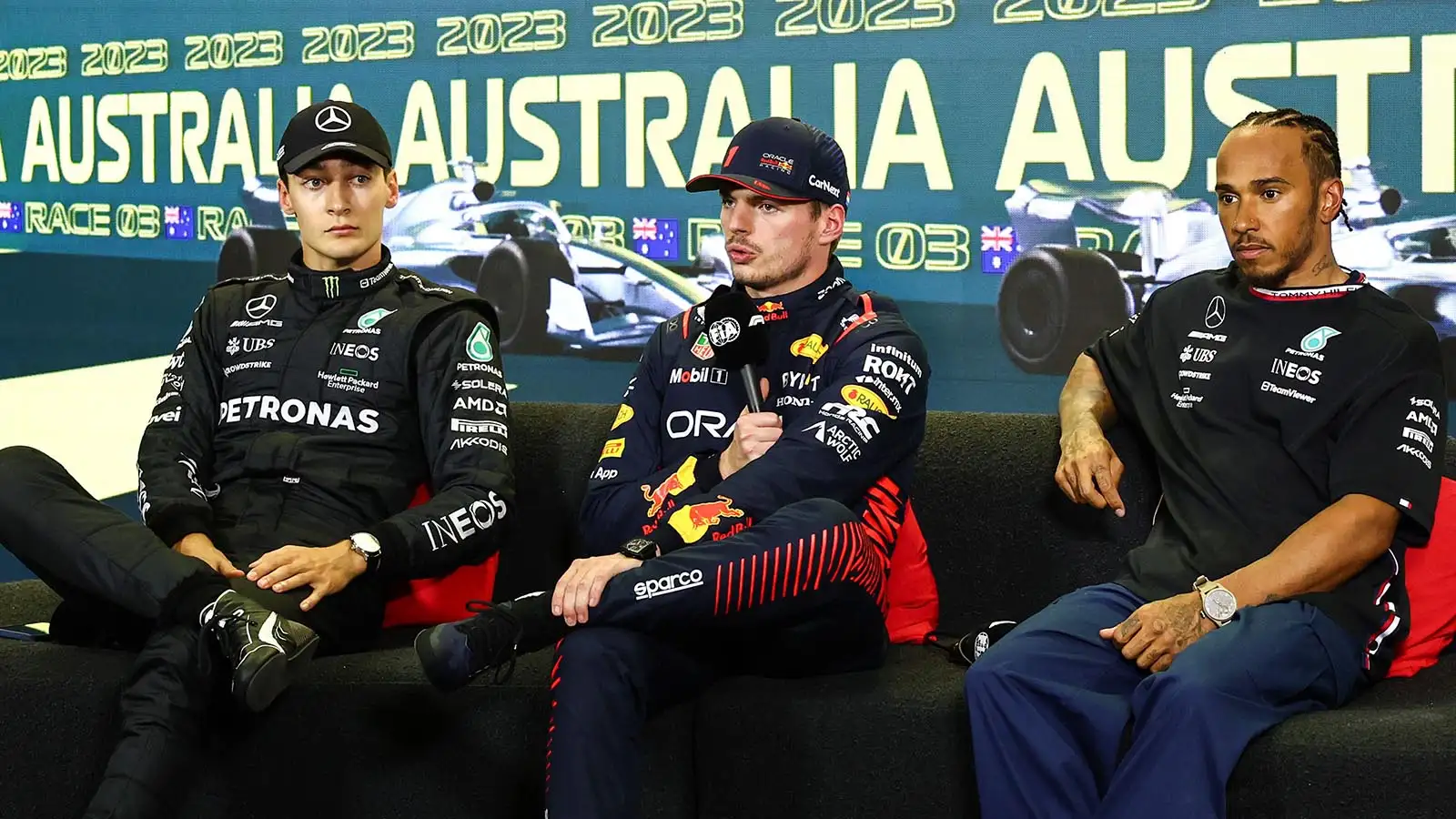 George Russell, Max Verstappen and Lewis Hamilton answer questions. Melbourne April 2023