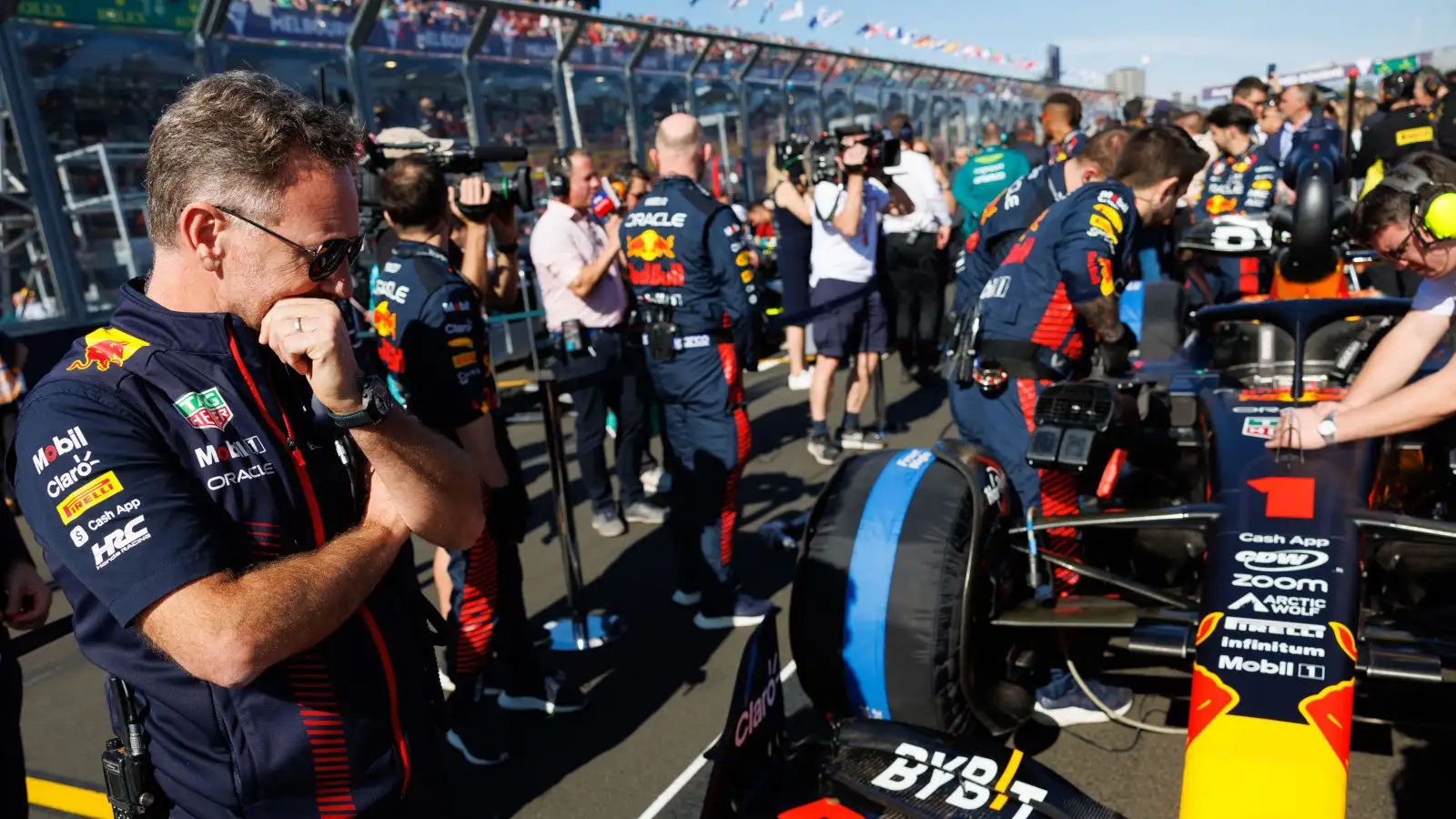 Christian Horner looking at the Red Bull RB19 on the grid. Australia April 2023