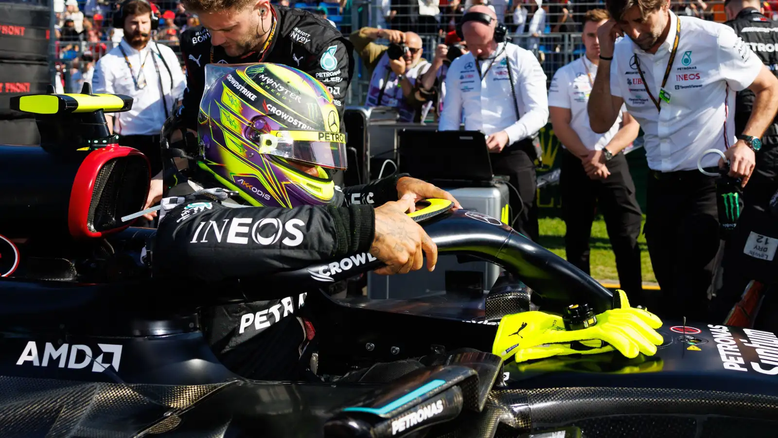 Lewis Hamilton on the grid in the Mercedes W14. Australia April 2023