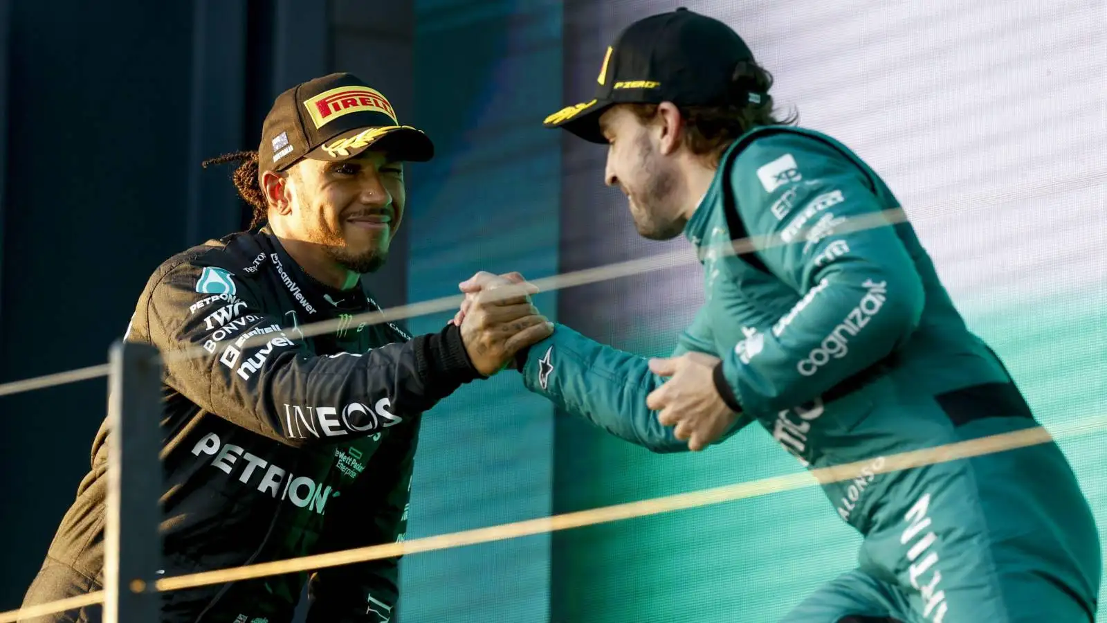 Lewis Hamilton, Mercedes, Fernando Alonso, Aston Martin, shake hands. Australia, April 2023.