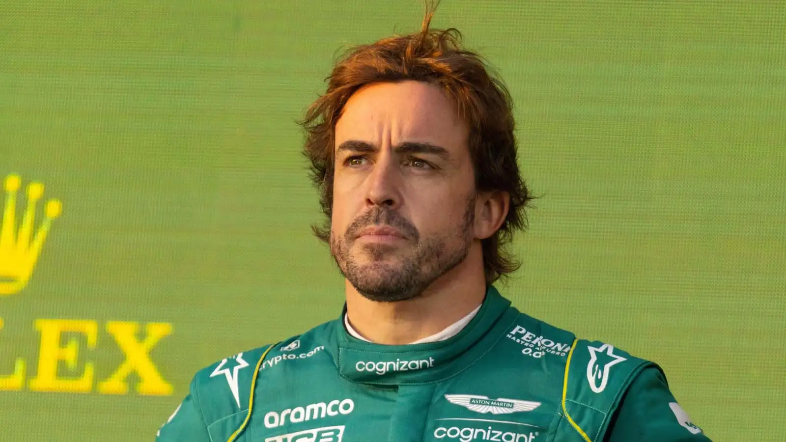 Fernando Alonso stands on the podium. Melbourne April 2023.