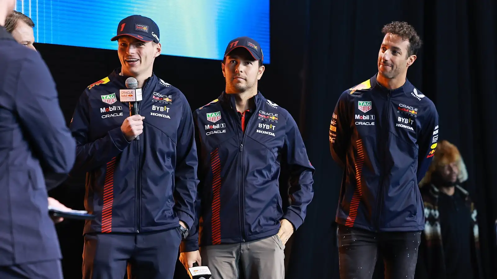 Max Verstappen, Sergio Perez and Daniel Ricciardo. New York, February 2023.