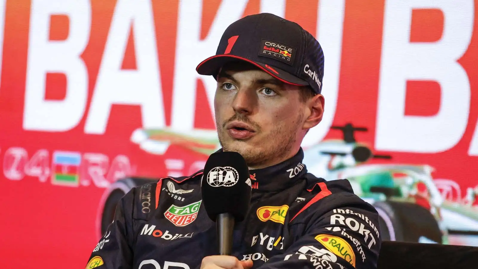 Max Verstappen speaks after qualifying. Baku April 2023.
