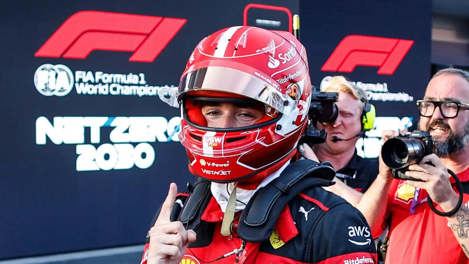 Charles Leclerc celebrates pole. Baku April 2023.