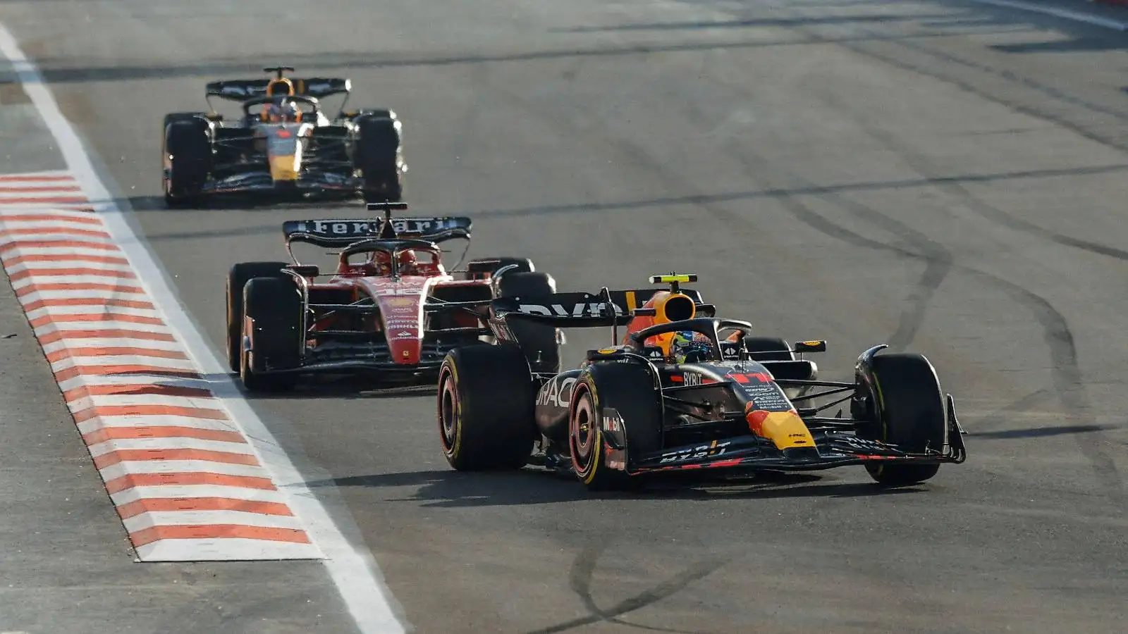 Sergio Perez leads a Red Bull and Ferrari battle. Azerbaijan, April 2023.