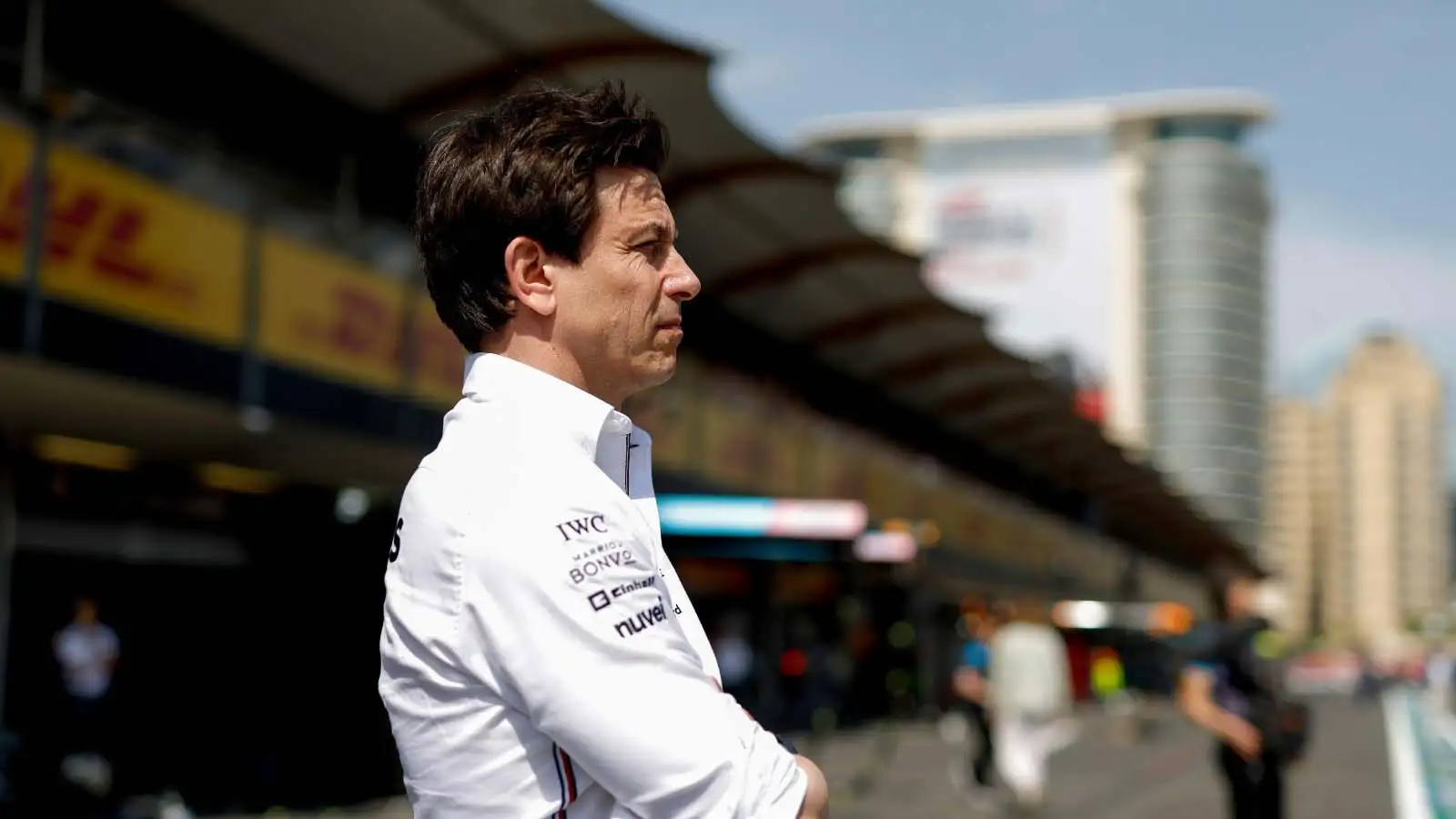 Mercedes CEO Toto Wolff in the pit lane. Baku April 2023.
