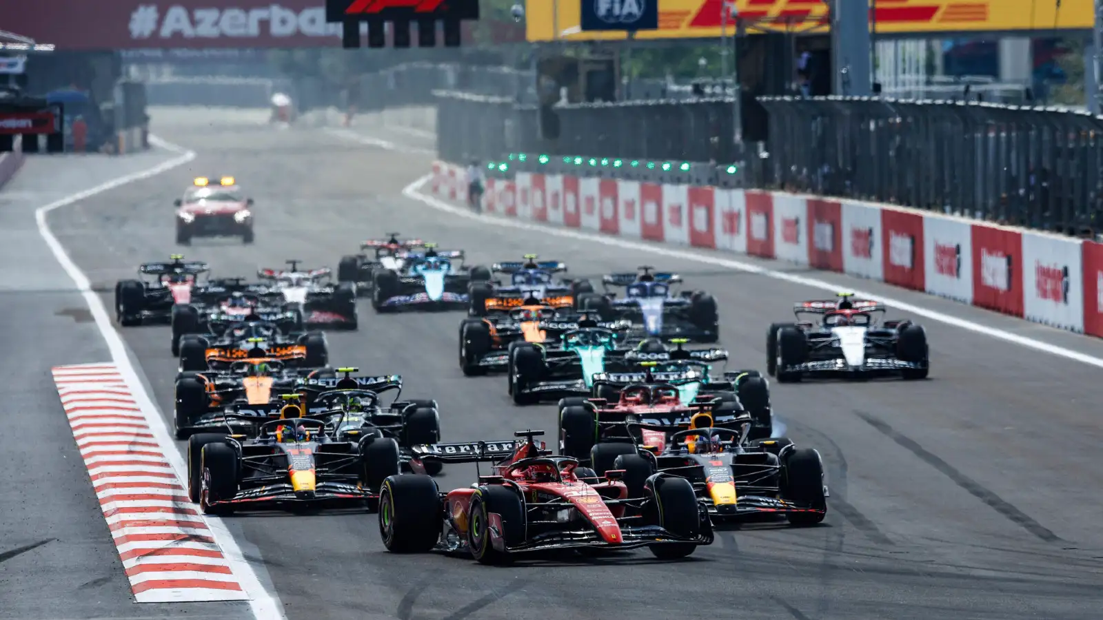 Ferrari's Charles Leclerc leads at the start of the Azerbaijan Grand Prix. Baku, April 2023.