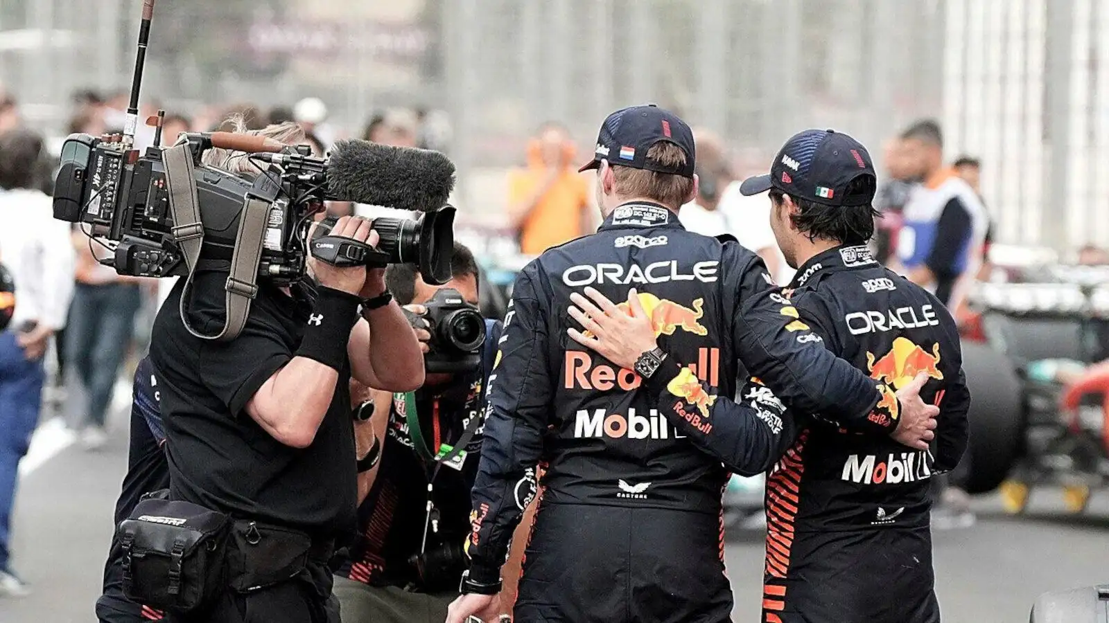 Red Bull duo Max Verstappen and Sergio Perez pose for the camera. Azerbaijan April 2023