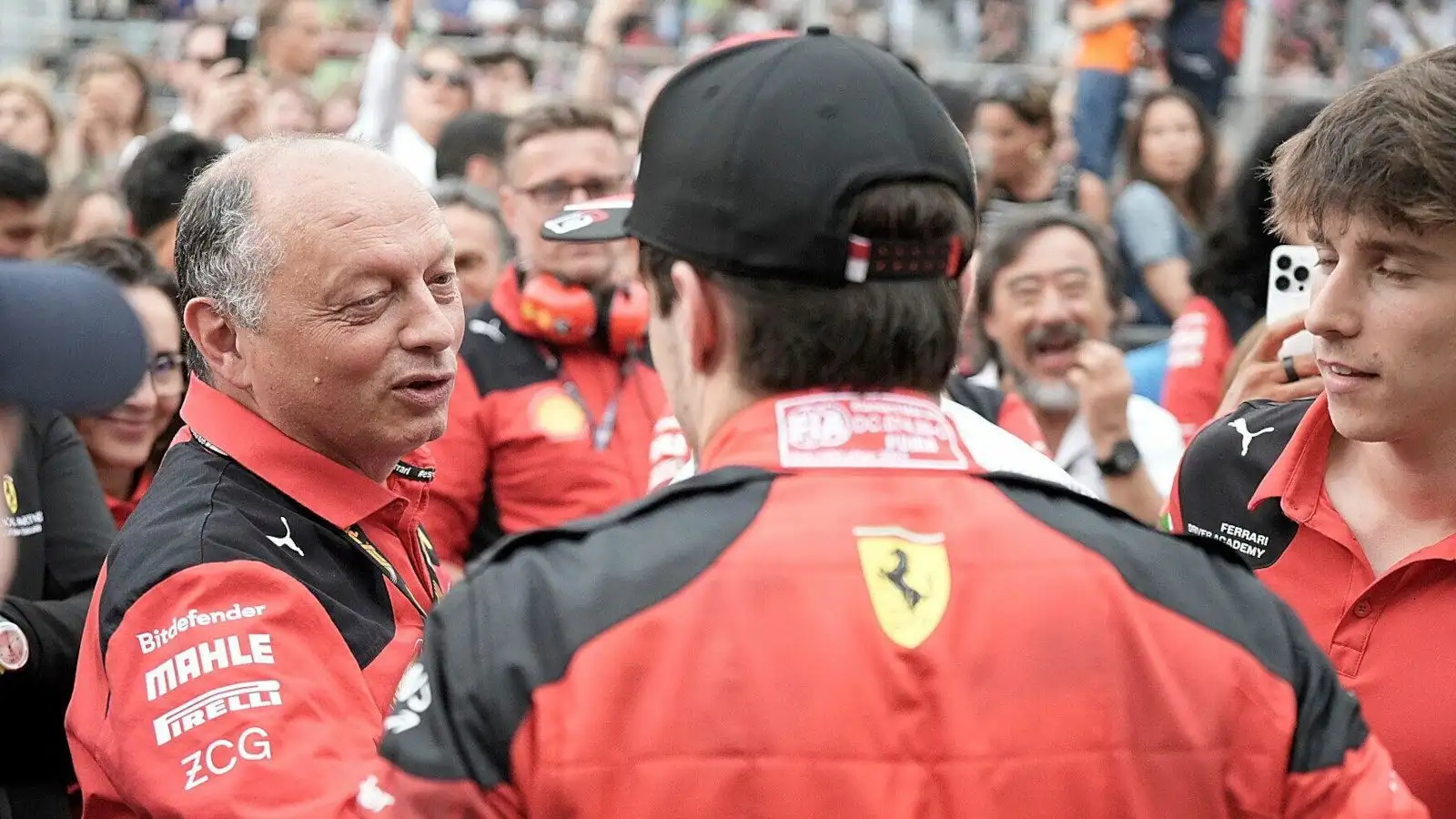 Fred Vasseur congratulates Charles Leclerc. Azerbaijan April 2023