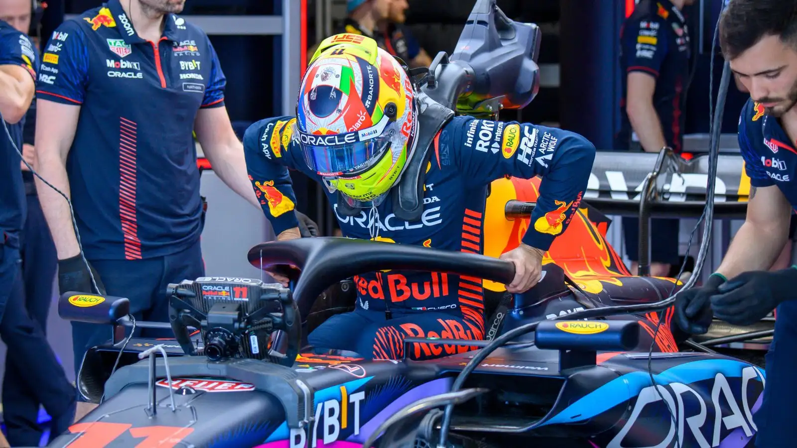 Sergio Perez climbs out of his RB19. Miami May 2023