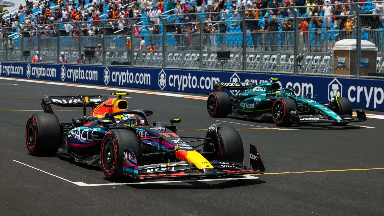 Sergio Perez and Fernando Alonso on the F1 starting grid. Miami May 2023.