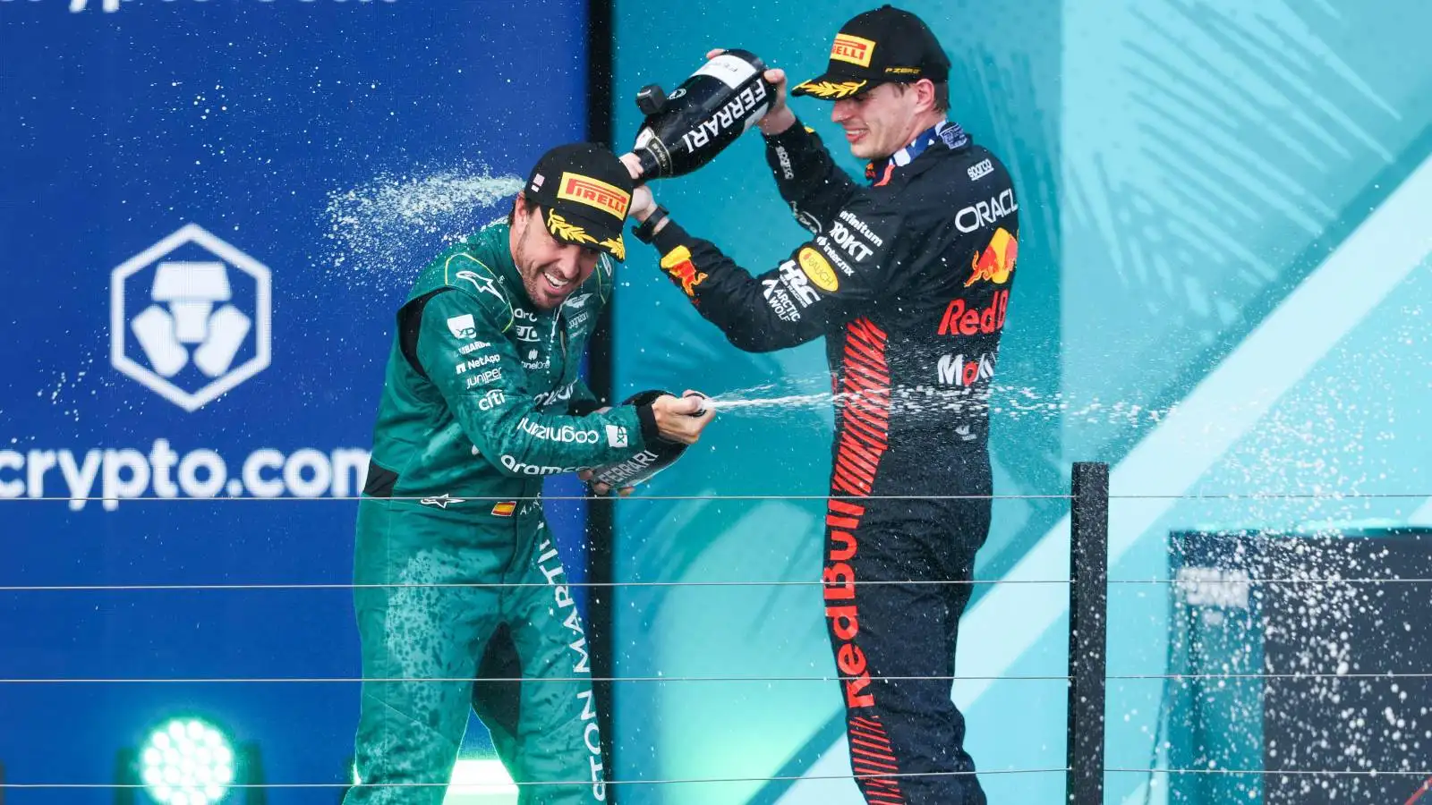 Fernando Alonso, Aston Martin and Max Verstappen, Red Bull, celebrate. Miami, May 2023.