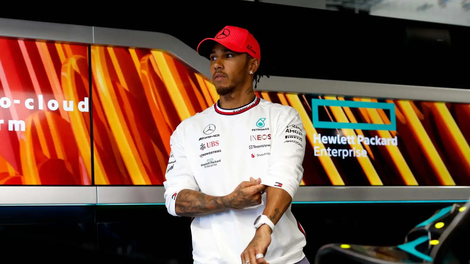 Lewis Hamilton in the Mercedes garage. Miami May 2023.