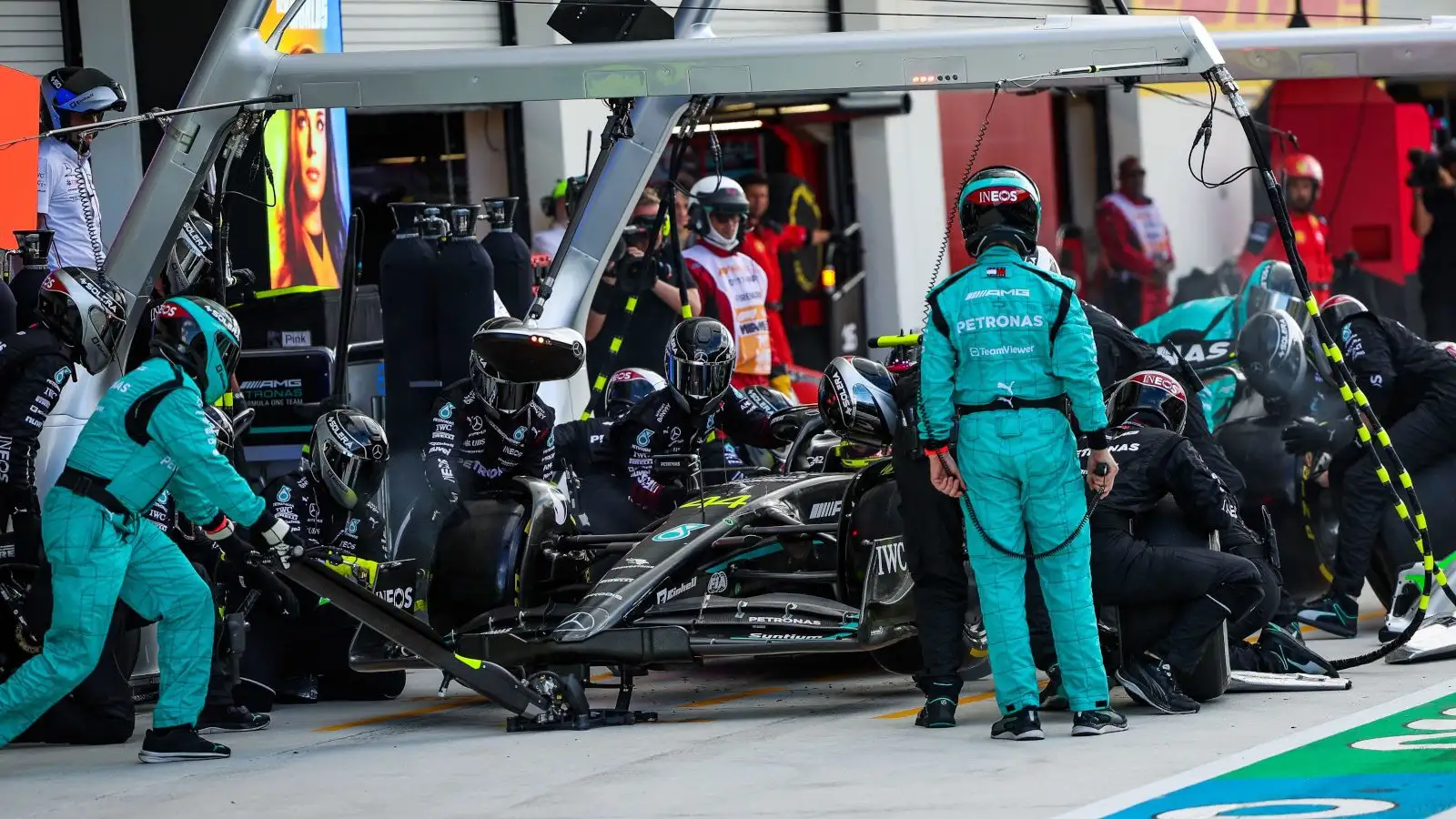 Lewis Hamilton makes a Mercedes pit stop in the grand prix. Miami May 2023