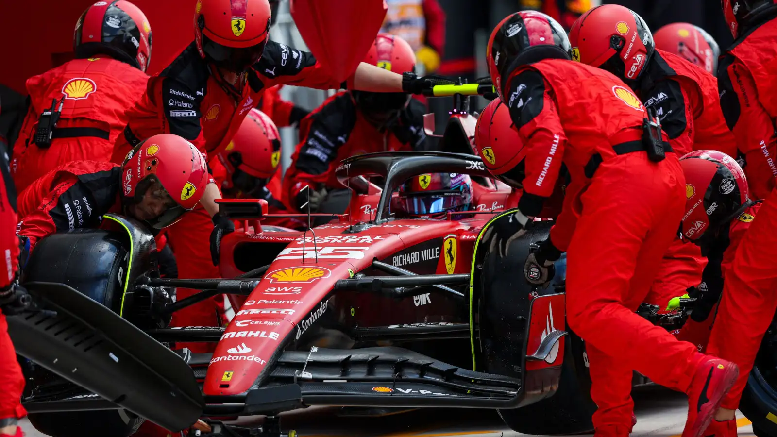 Carlos Sainz makes a pit stop for Ferrari in the grand prix. Miami May 2023