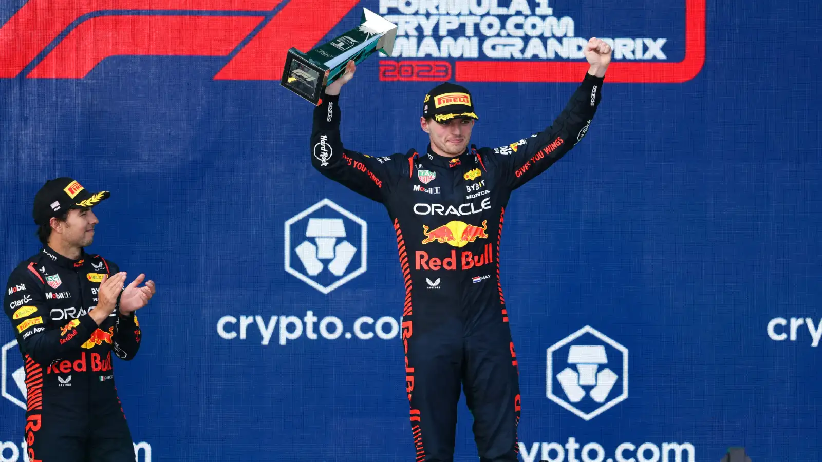 Red Bull Max Verstappen and Sergio Perez on the Miami Grand Prix podium. Miami, May 2023.