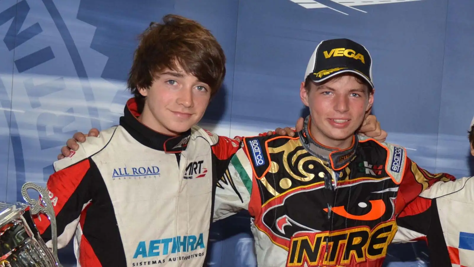 Future F1 stars Charles Leclerc and Max Verstappen share a podium in karting. June 2012.