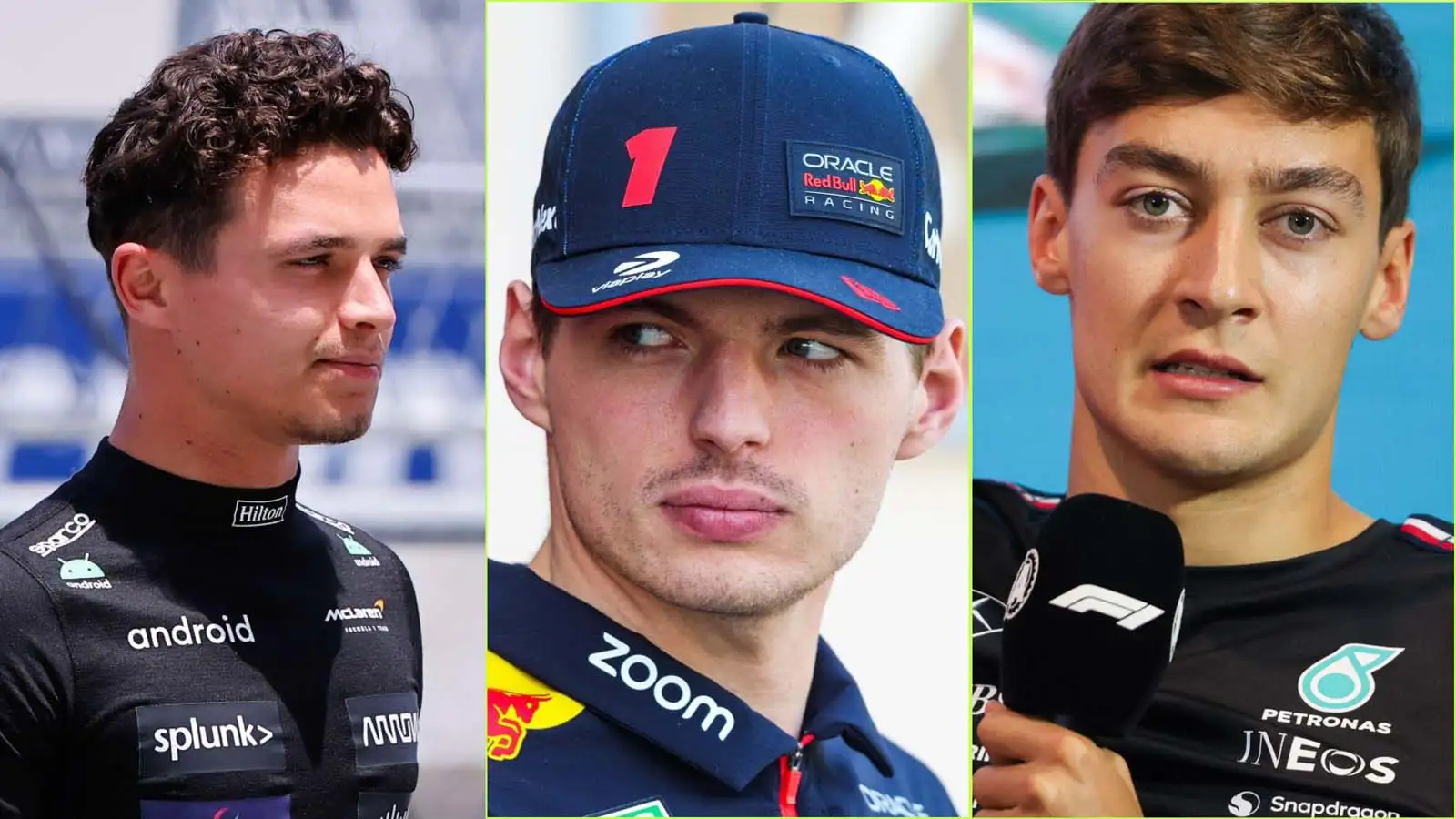 Lando Norris, Max Verstappen, George Russell, F1 image split May 2023.