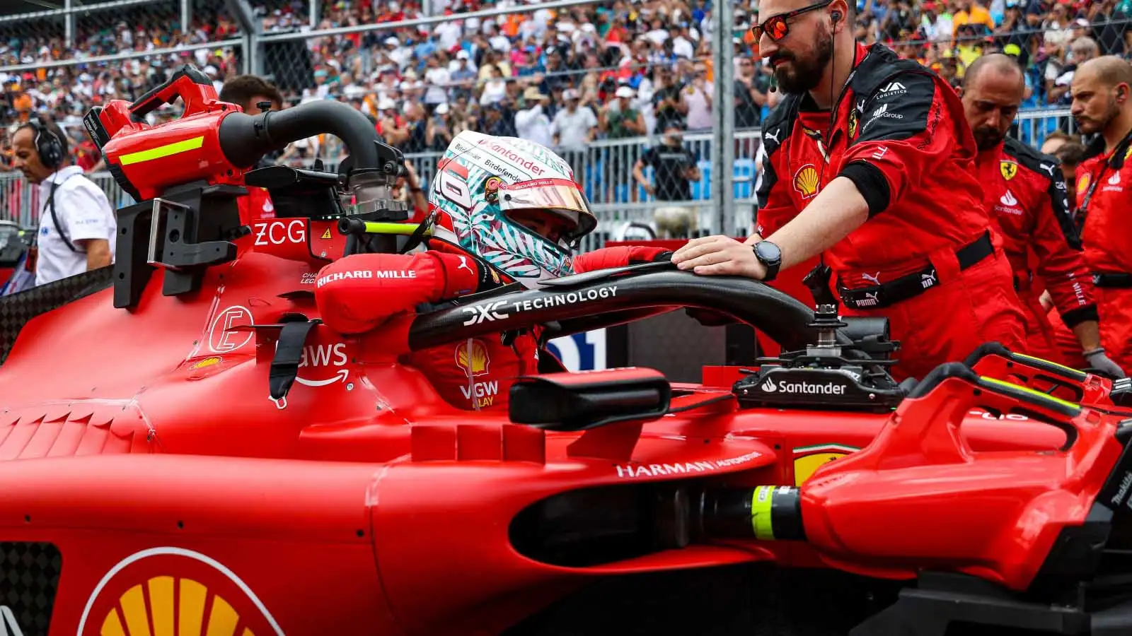 Charles Leclerc enters his Ferrari. Miami May 2023.