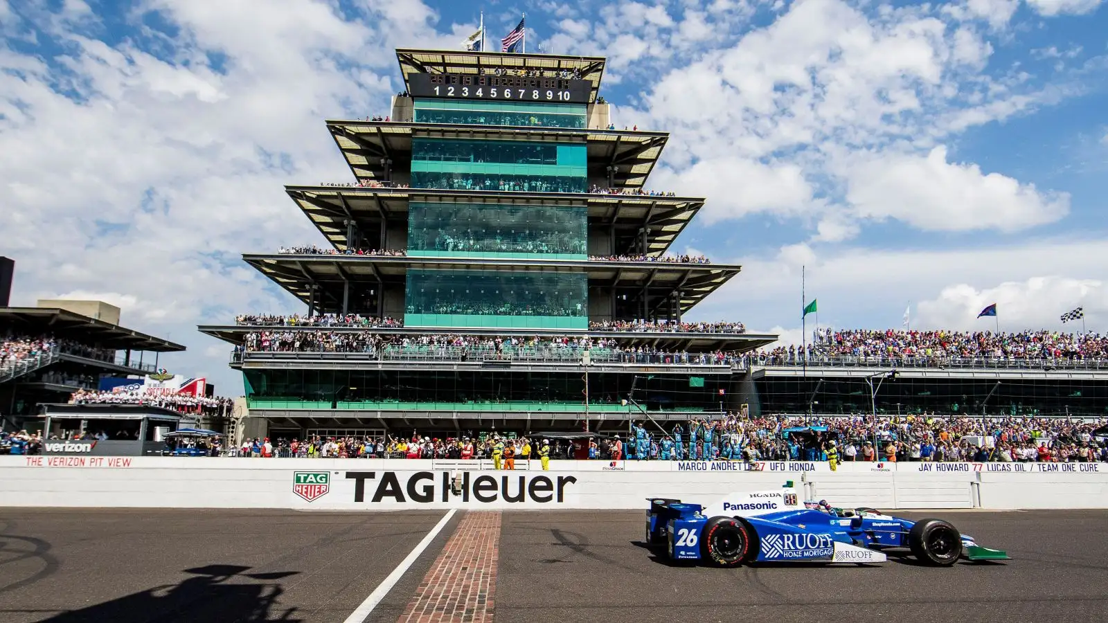 Takuma Sato crosses the famous yard of bricks to win the historic Indianapolis 500 race. Indiana, 2017.