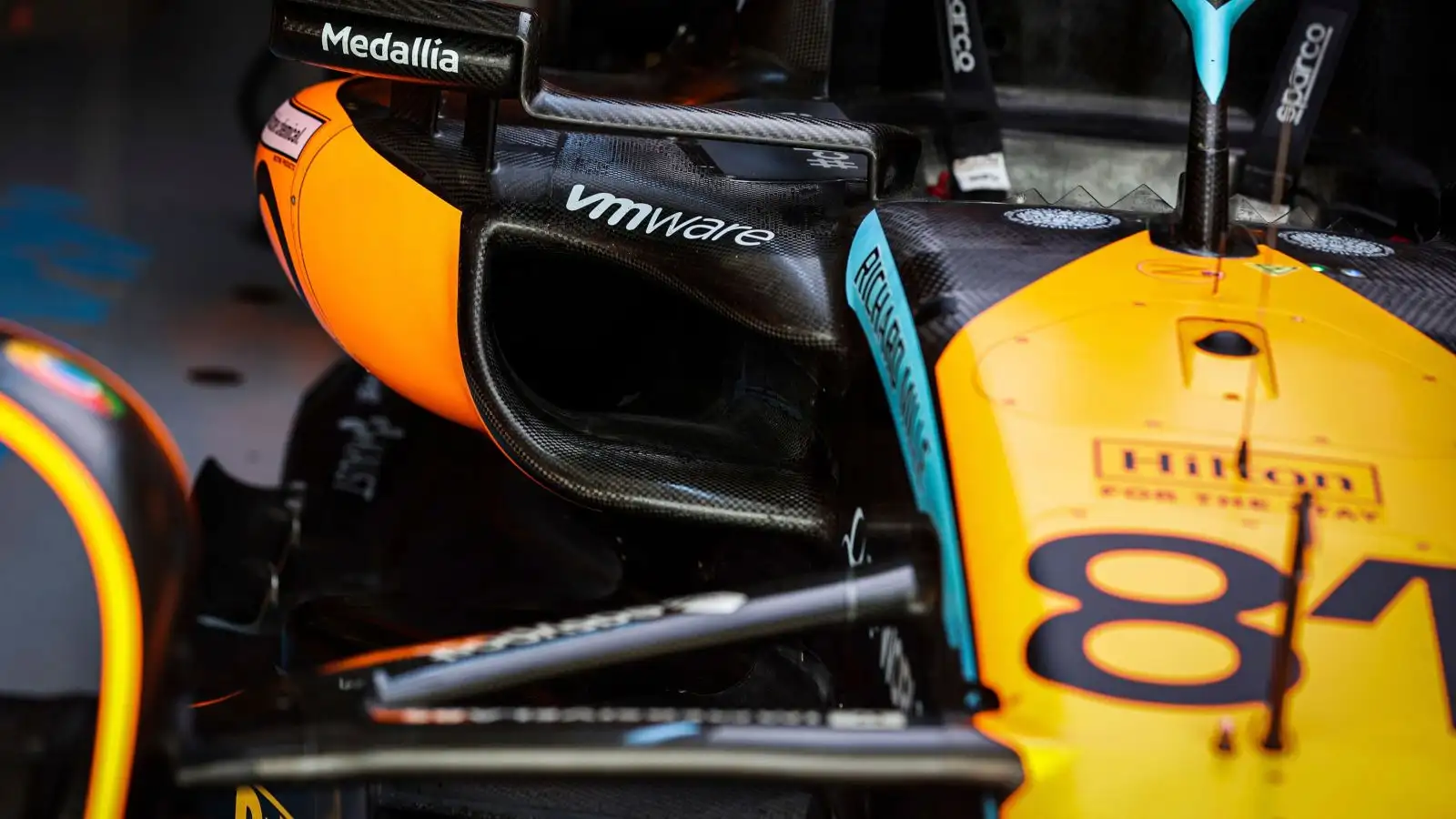 Detail shot of Oscar Piastri McLaren MCL60 car in the garage at the Miami Grand Prix. Miami, May 2023.