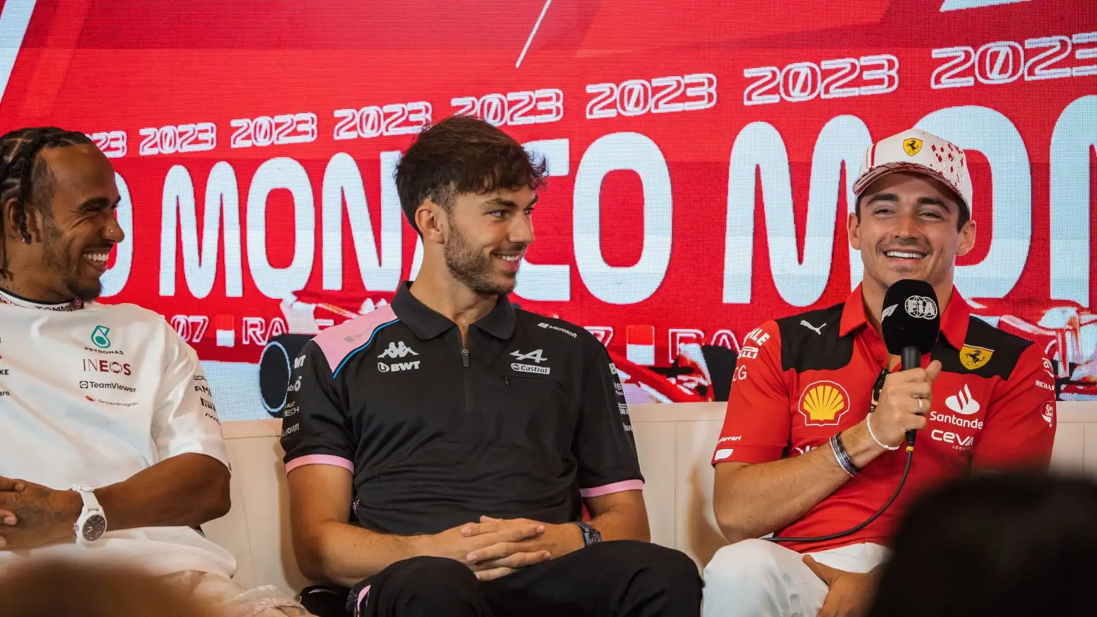 Charles Leclerc in a press conference with Lewis Hamilton and Pierre Gasly. Monaco May 2023
