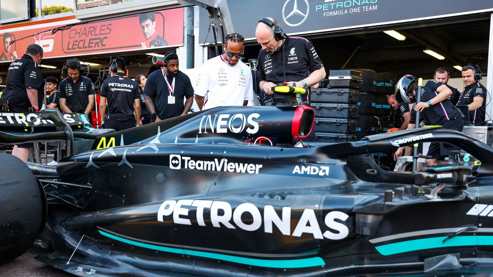 Lewis Hamilton standing outside the Mercedes garage looking at the updated W14. Monaco May 2023