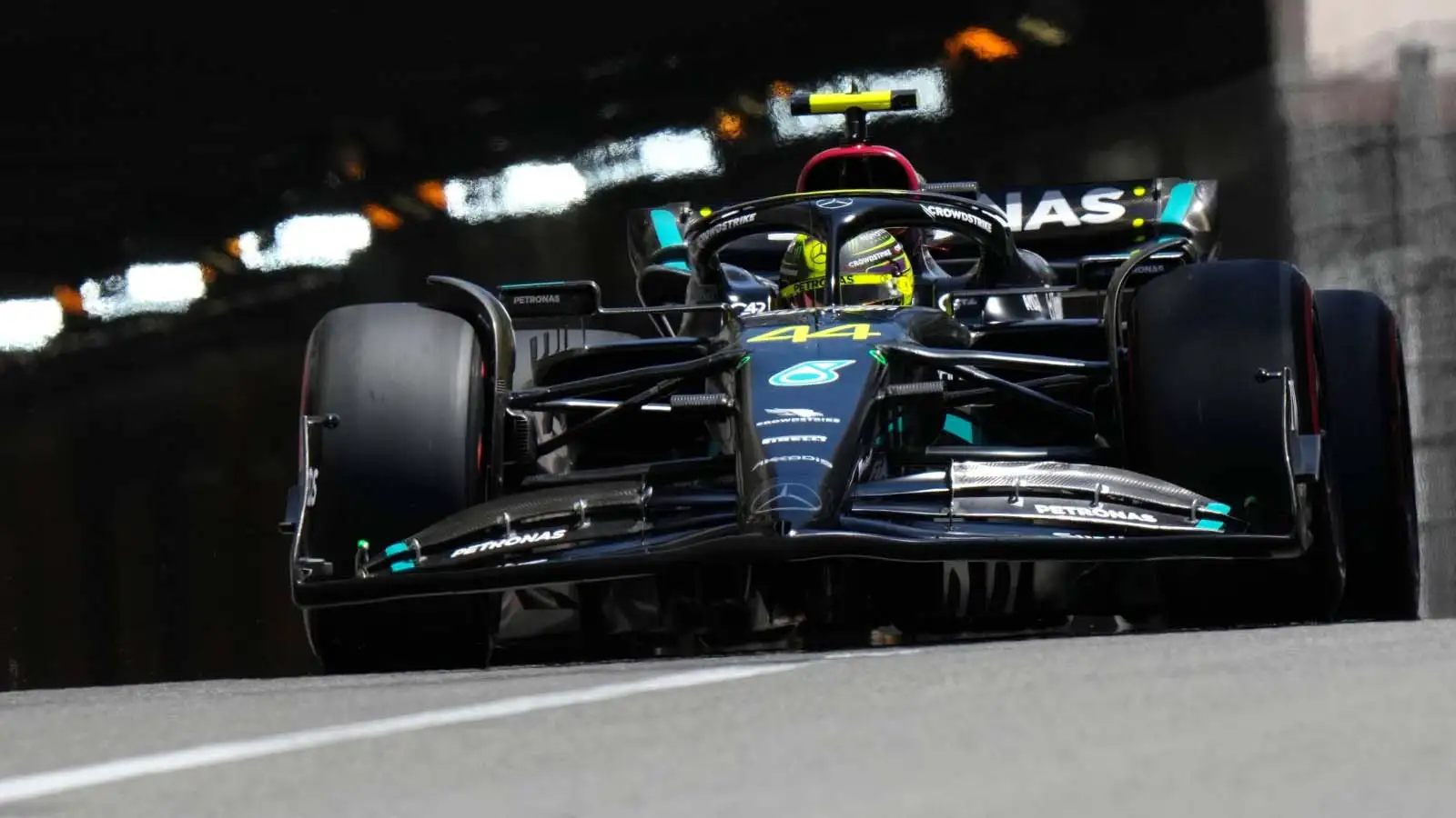 Lewis Hamilton exits the tunnel in his Mercedes W14. Monaco May 2023.