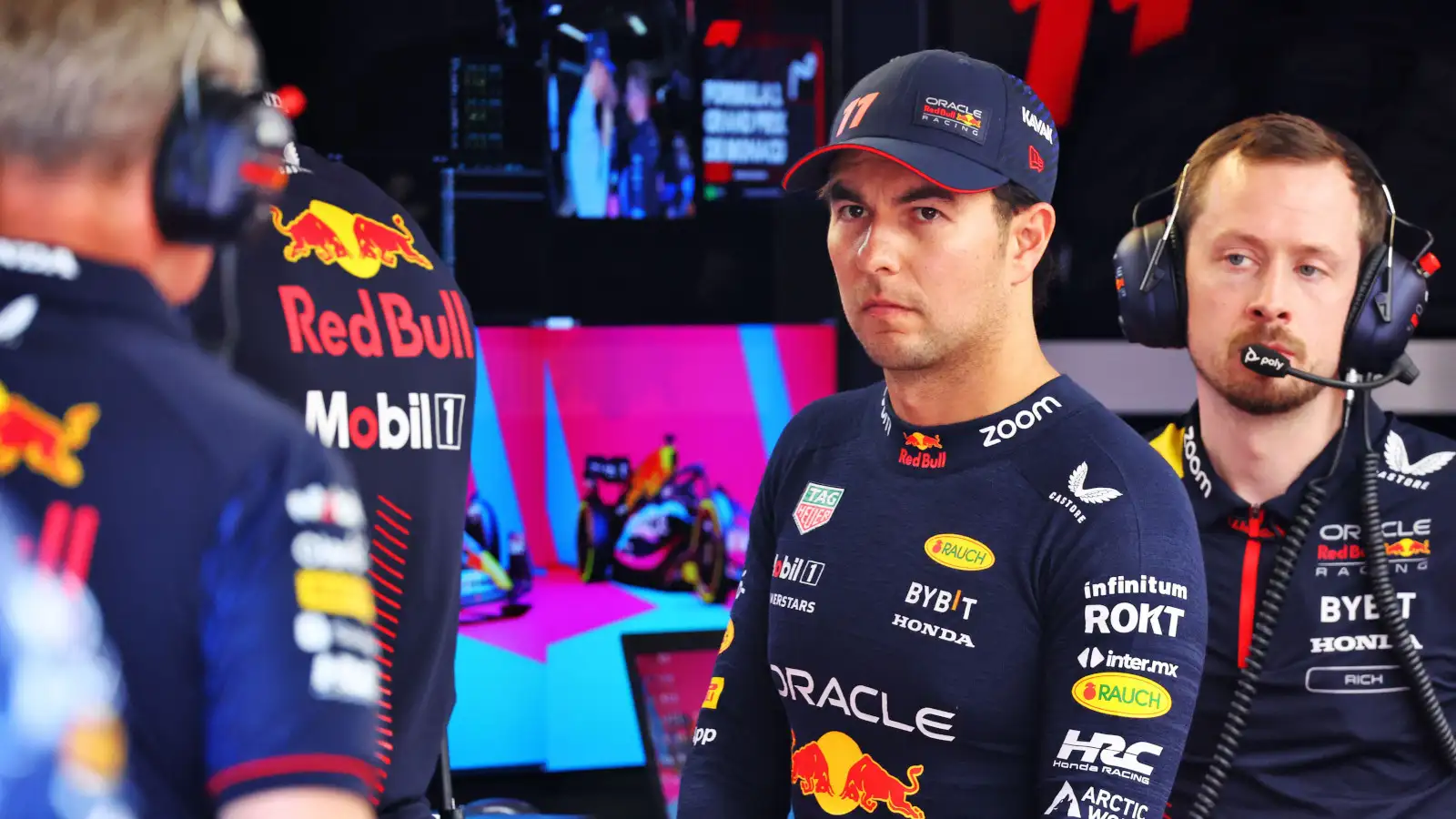 Sergio Perez not happy in the Red Bull garage. Monaco May 2023