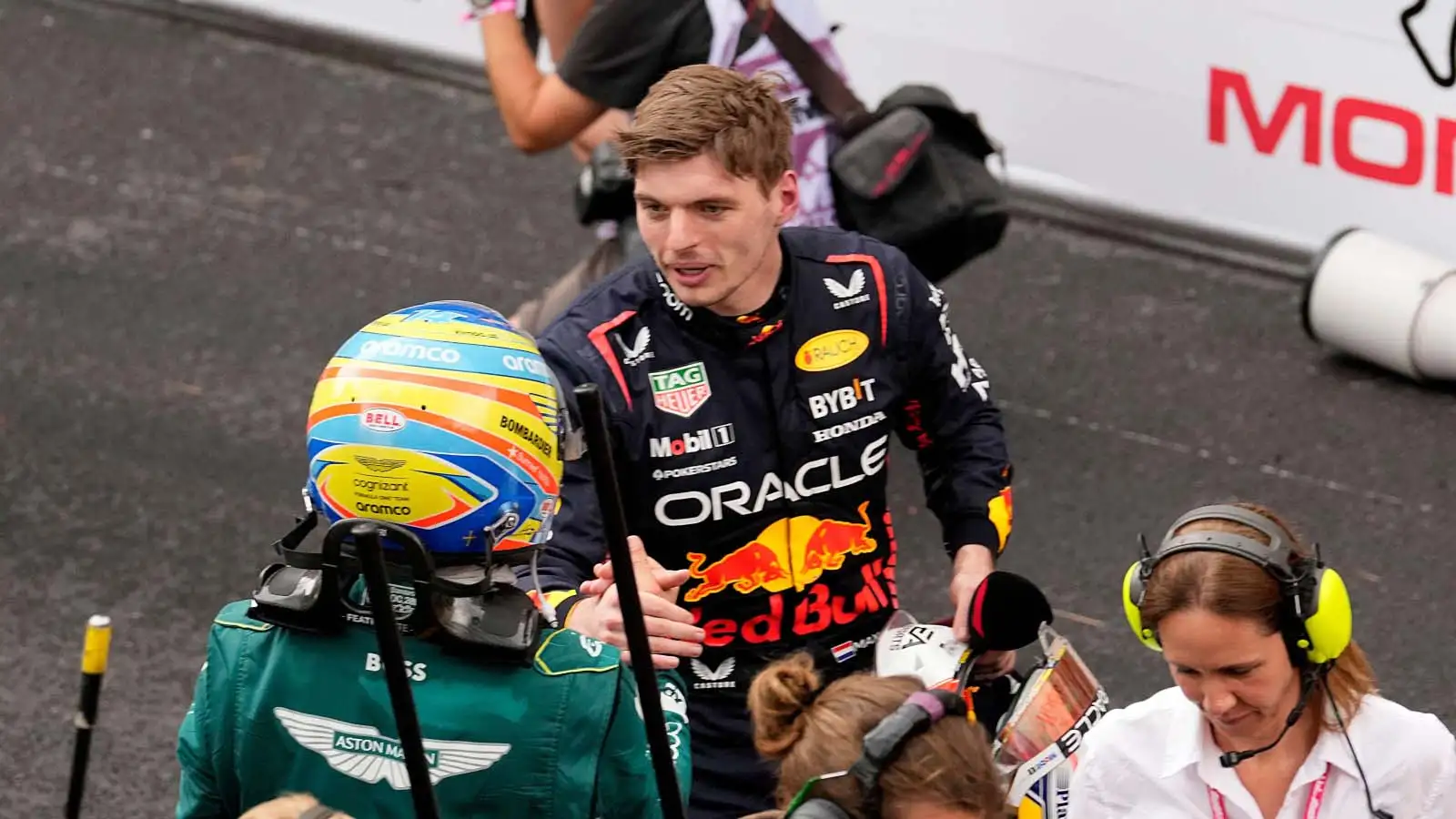 Fernando Alonso congratulates Red Bull driver Max Verstappen. Monaco May 2023.