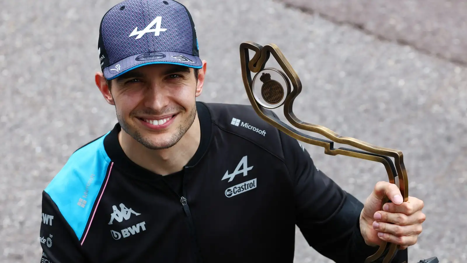 Esteban Ocon, Alpine, with P3 trophy. Monaco, May 2023.