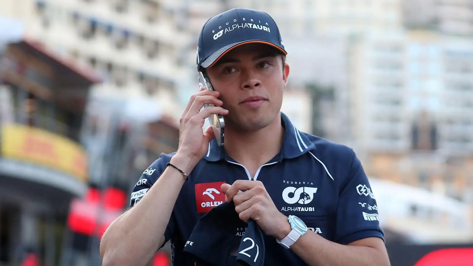 AlphaTauri driver Nyck de Vries on the phone in Monaco. Monte Carlo, May 2023.