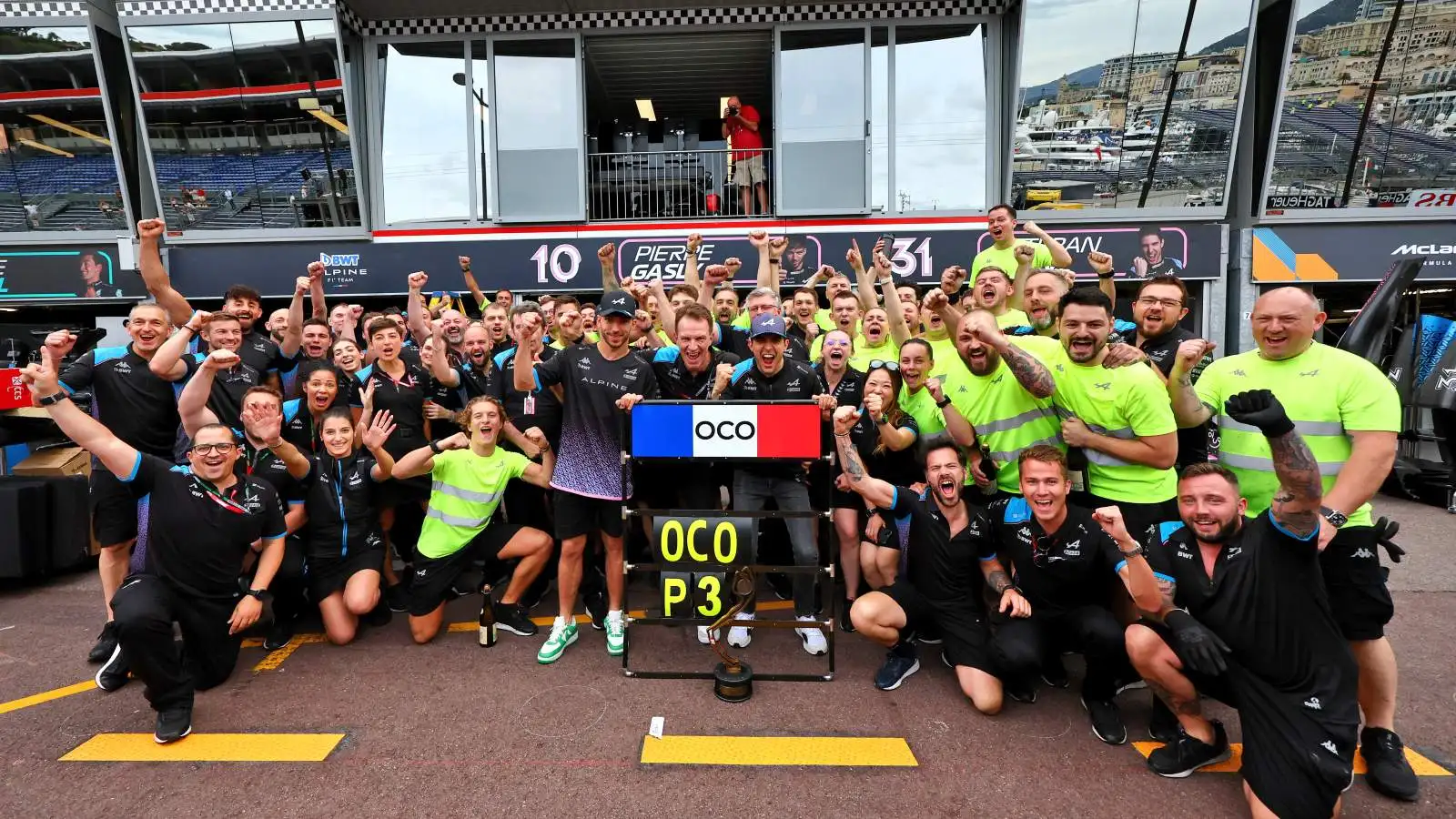 Esteban Ocon (FRA) Alpine F1 Team celebrates his third position with Pierre Gasly (FRA) Alpine F1 Team; Laurent Rossi (FRA) Alpine Chief Executive Officer; and the team. Formula 1 World Championship, Rd 7, Monaco Grand Prix, Sunday 28th May 2023. Monte Carlo, Monaco.