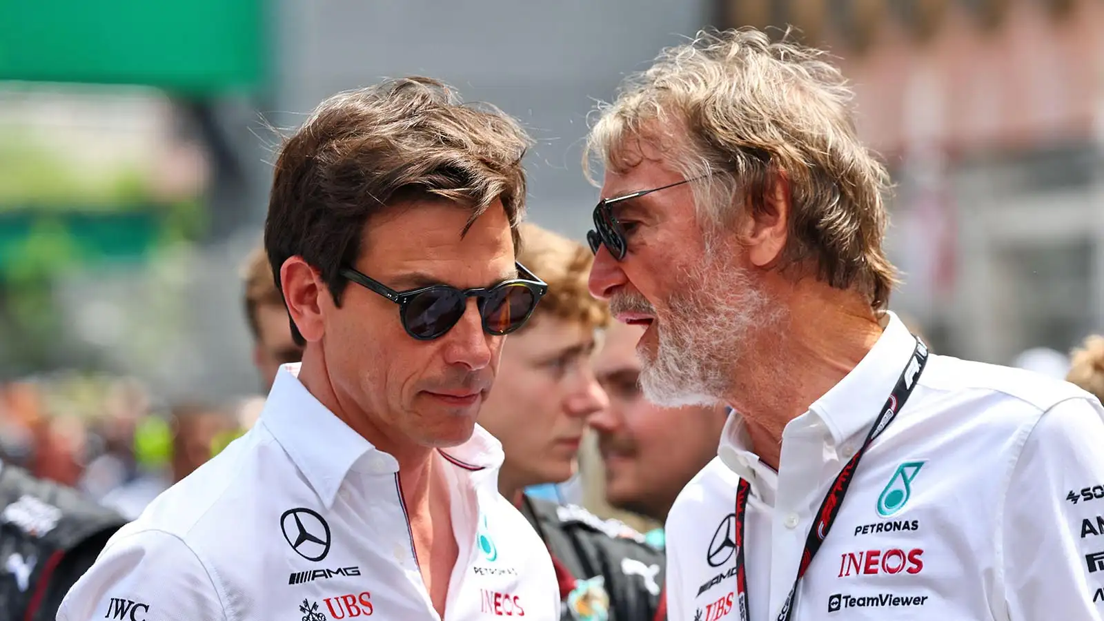 Mercedes F1 co-owners Toto Wolff and Jim Ratcliffe in discussion at the Monaco Grand Prix. Monte Carlo, May 2023.
