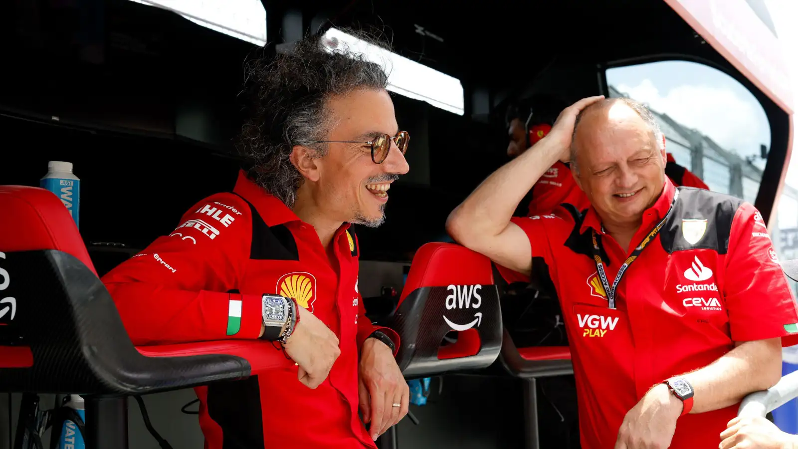 Ferrari sporting director Laurent Mekies laughing on the pit wall with Fred Vasseur. Miami May 2023