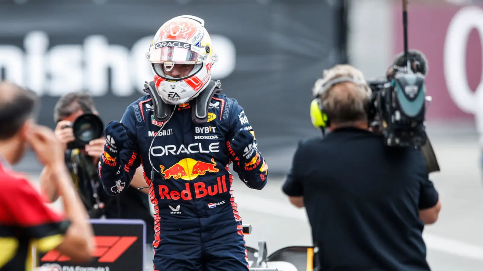 Max Verstappen celebrates, cameraman in the shot. Spain June 2023