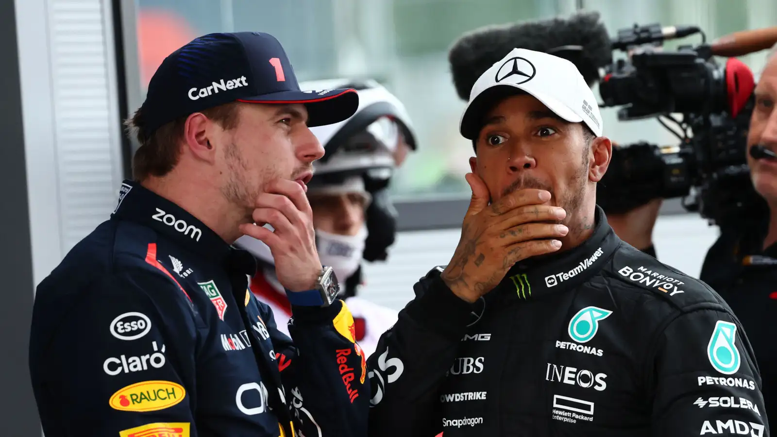 Race winner Max Verstappen speaking with second placed Lewis Hamilton. Spain June 2023. Jenson Button