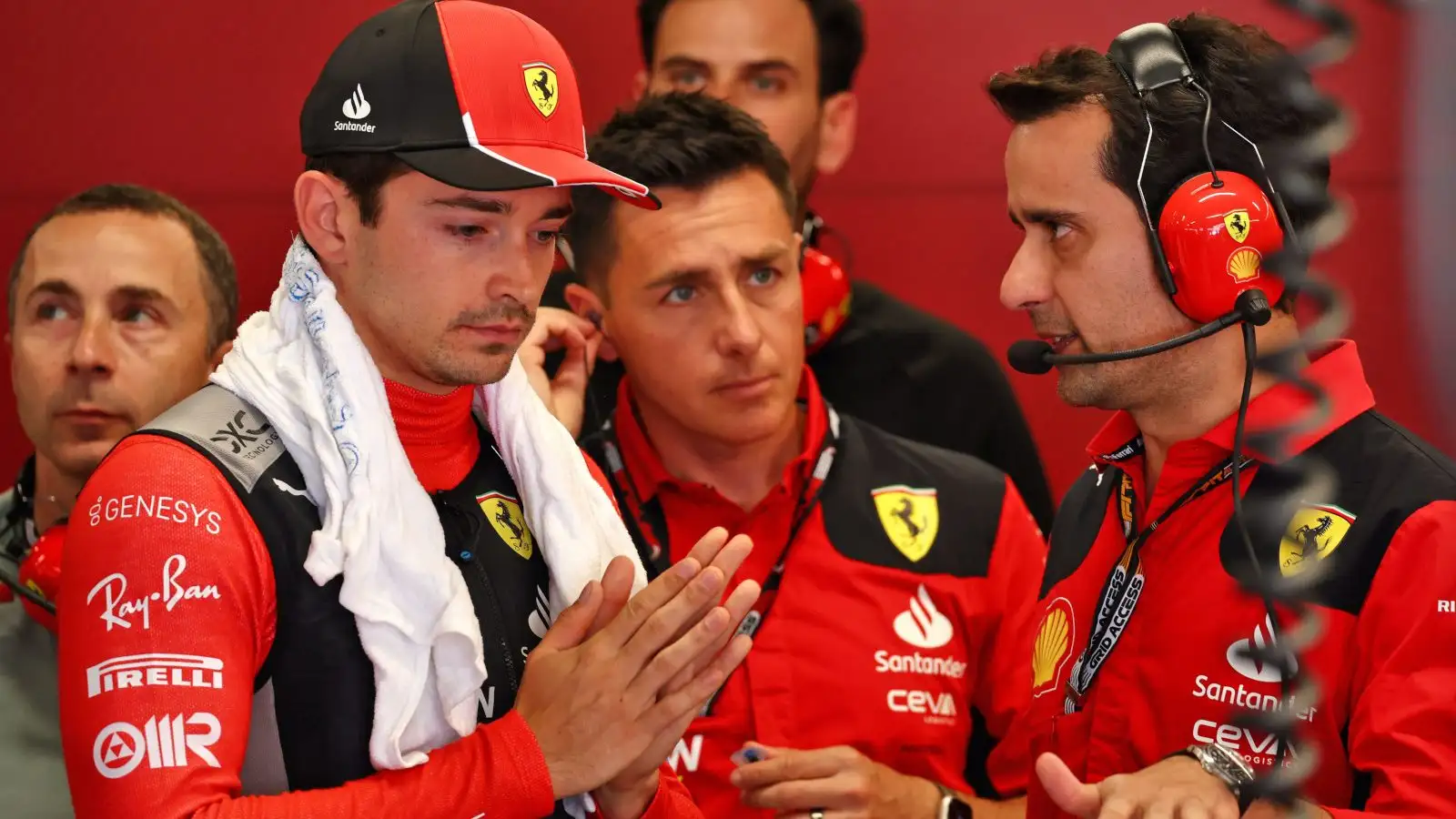 Ferrari driver Charles Leclerc in the garage not looking happy. Spain June 2023