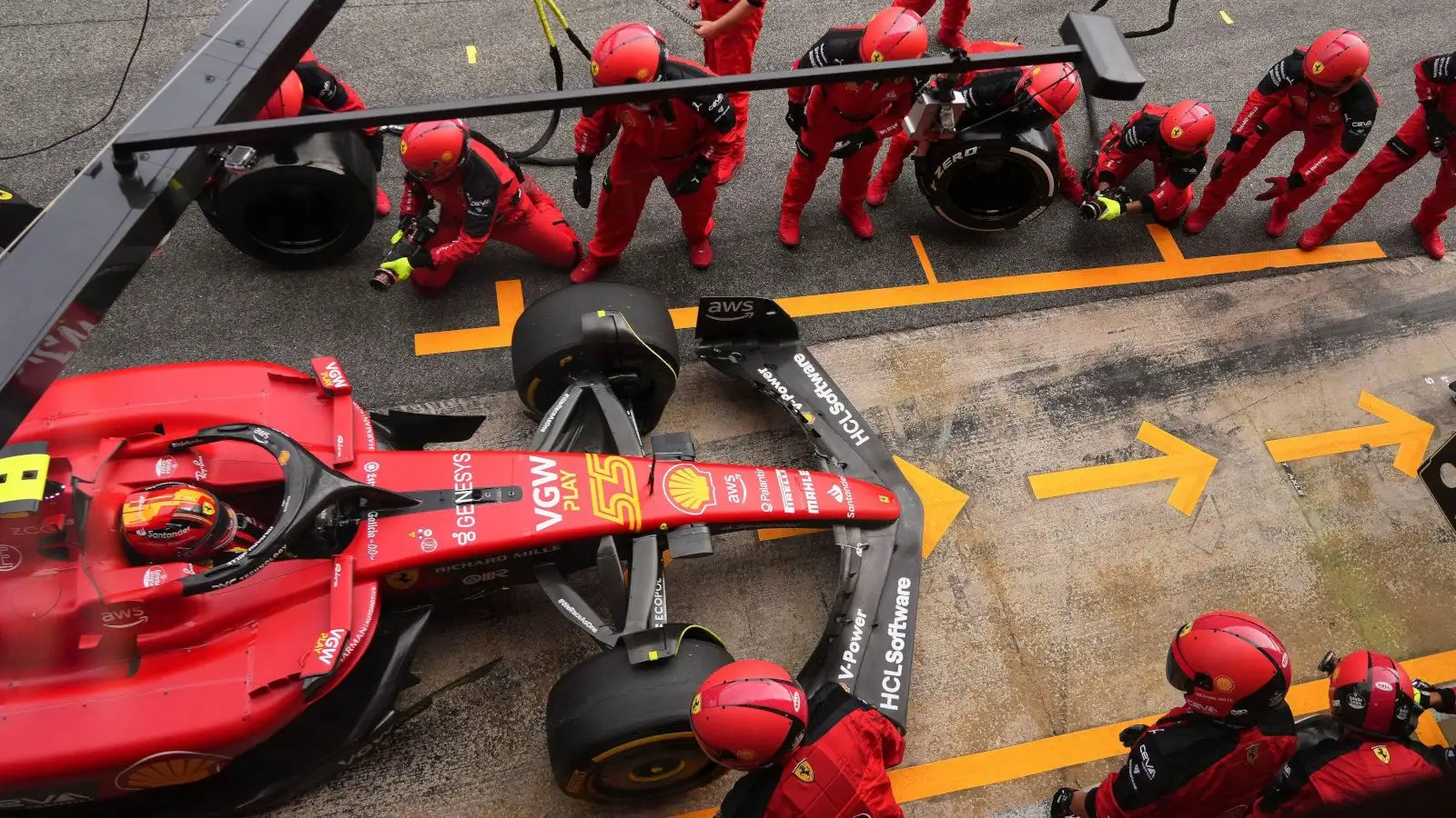 Carlos Sainz pulls into his pit box for a pit stop. Spain June 2023