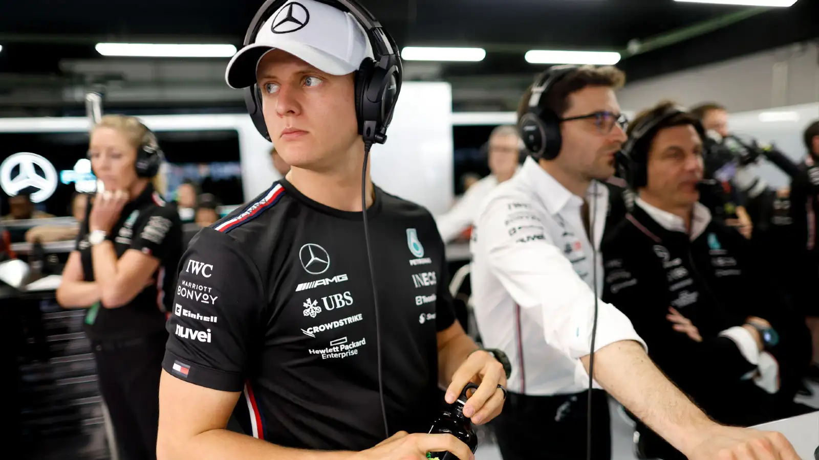 Mercedes' Mick Schumacher in the garage at the 2023 Spanish Grand Prix.